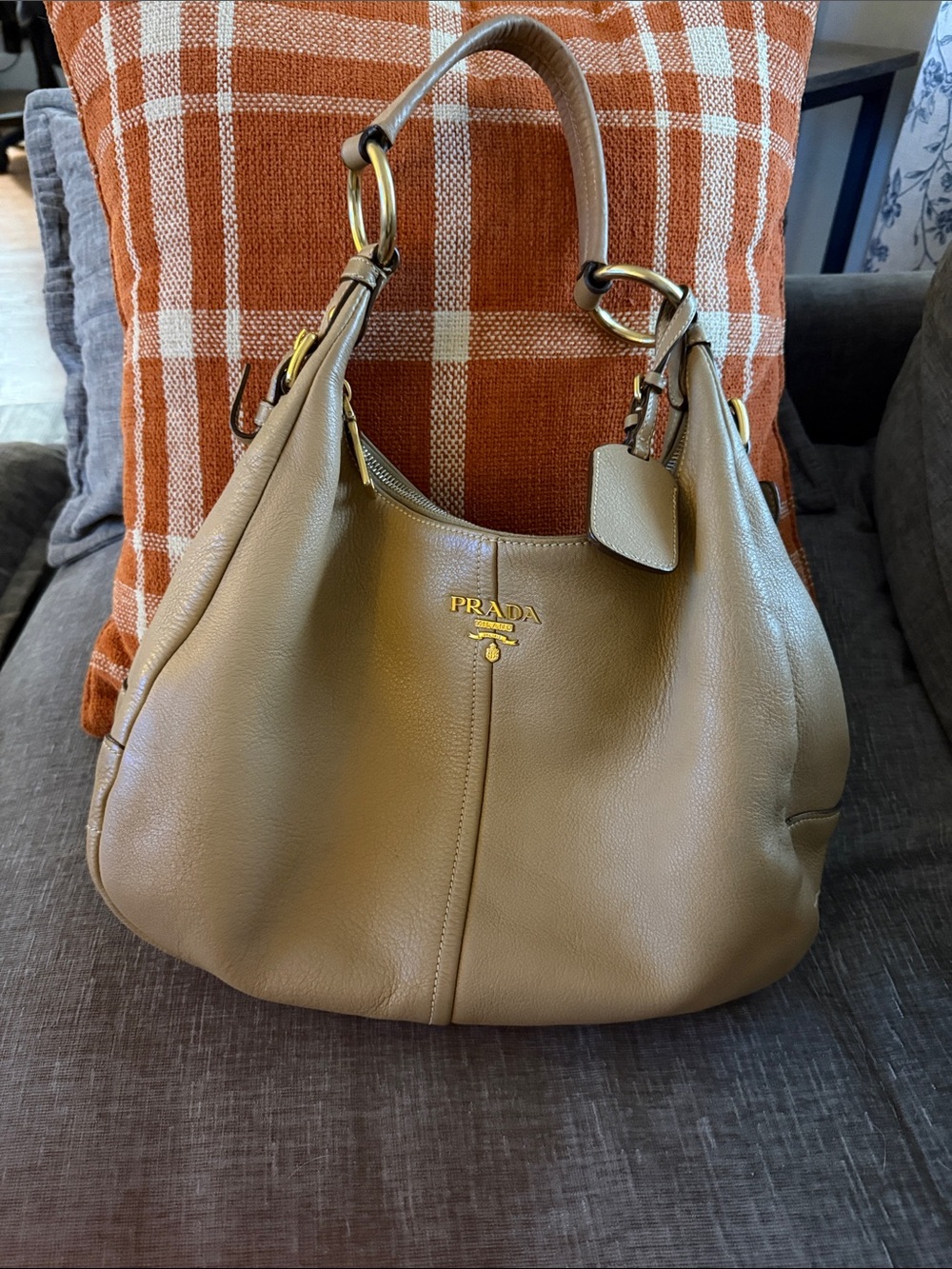 Prada Taupe Pebbled Leather Hobo with Gold Hardware